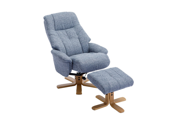 Swivel chair & matching footstool in pale blue fabric