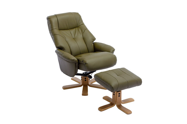 Swivel Chair & matching footstool in olive green faux leather