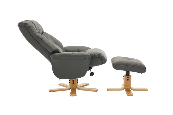 Grey recliner & matching footstool both on crucifix bases in reclined position