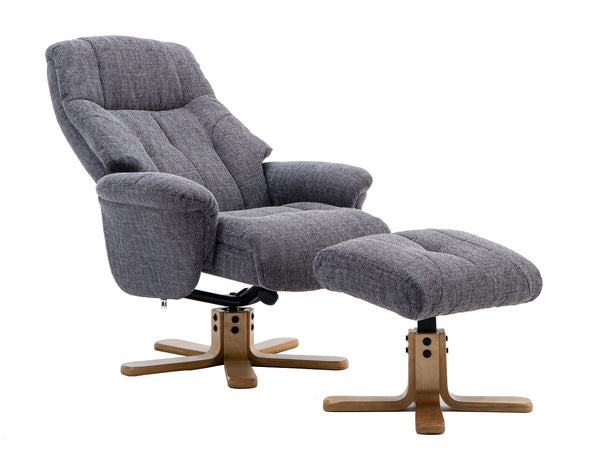 Grey swivel recliner chair & matching footstool both on crucifix bases in reclined position
