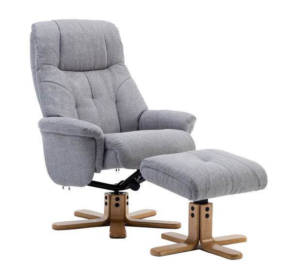 Silver grey recliner chair & matching footstool both on crucifix bases