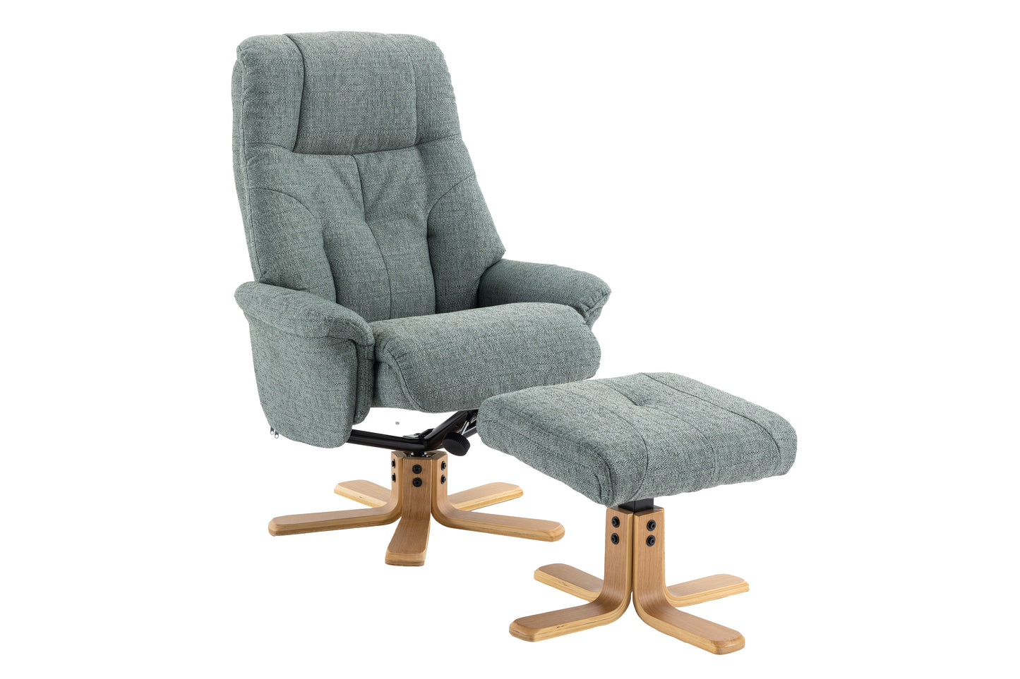 Grey recliner chair & matching footstool both on crucifix bases