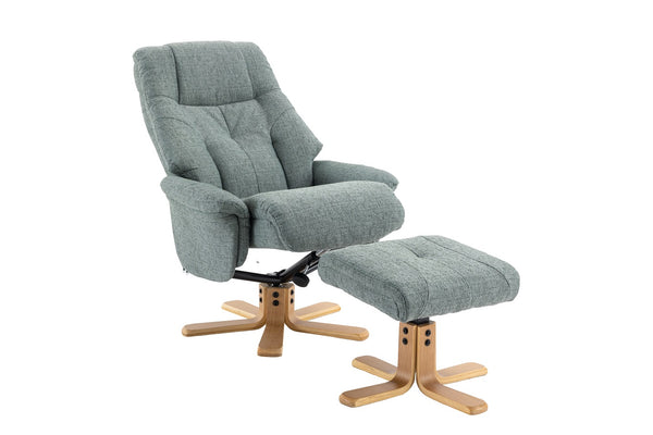 Grey recliner chair & matching footstool both on crucifix bases part open position