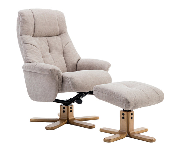 Beige Swivel recliner & matching footstool both on crucifix bases