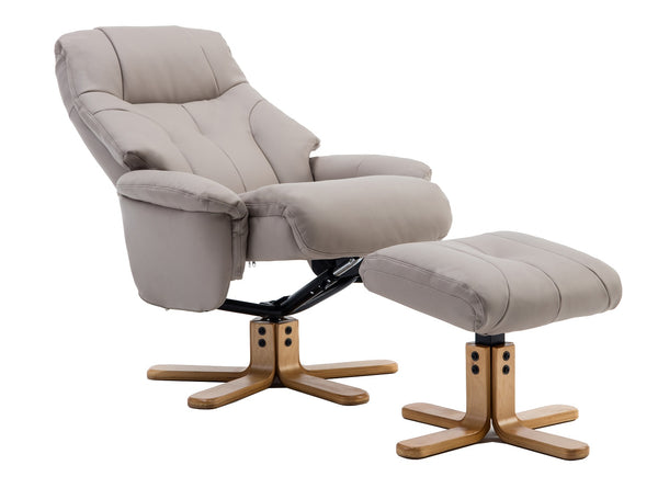 Swivel recliner chair & matching footstool in pebble grey plush fabric