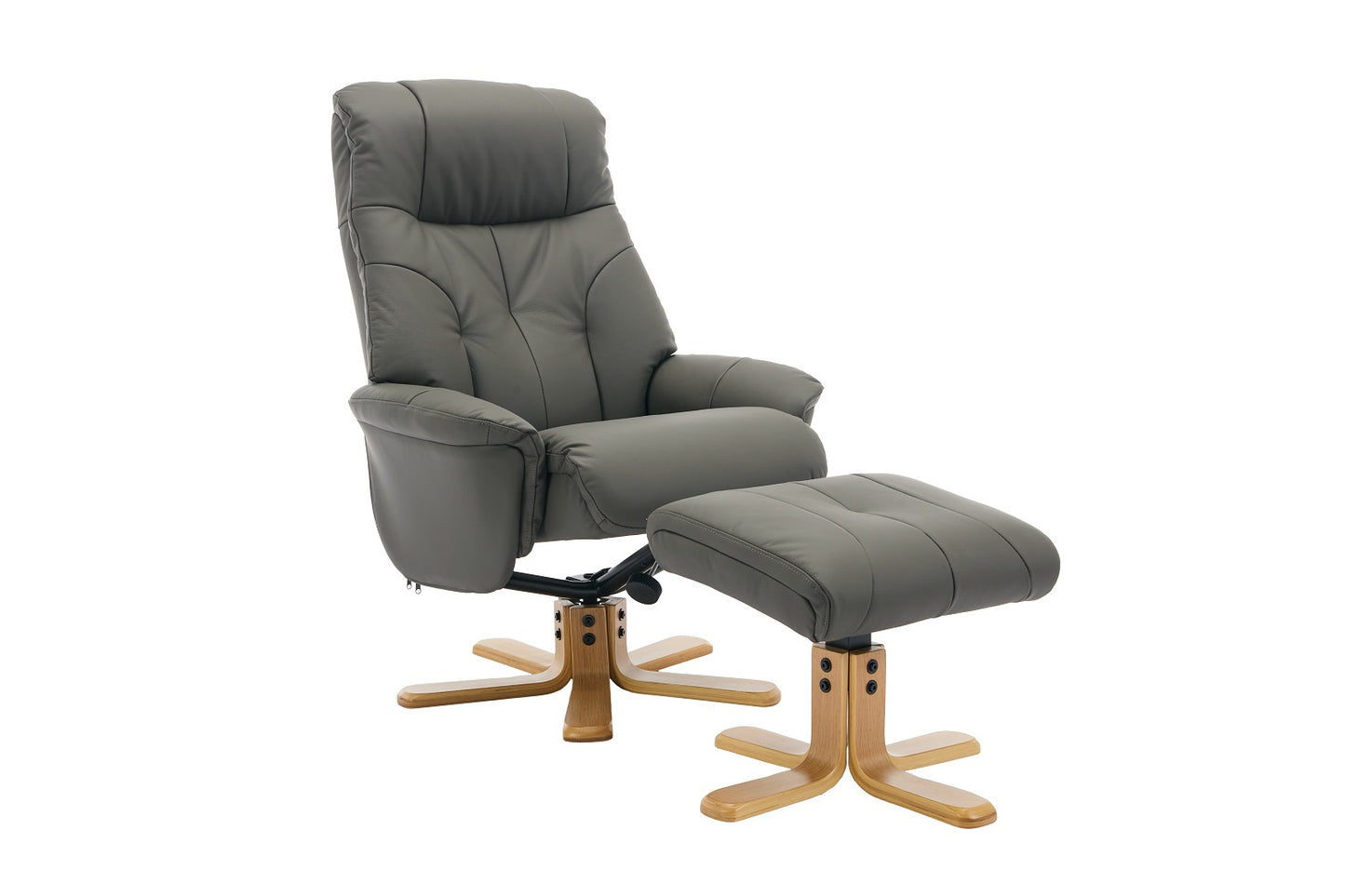 Grey recliner chair with matching footstool both on crucifix bases