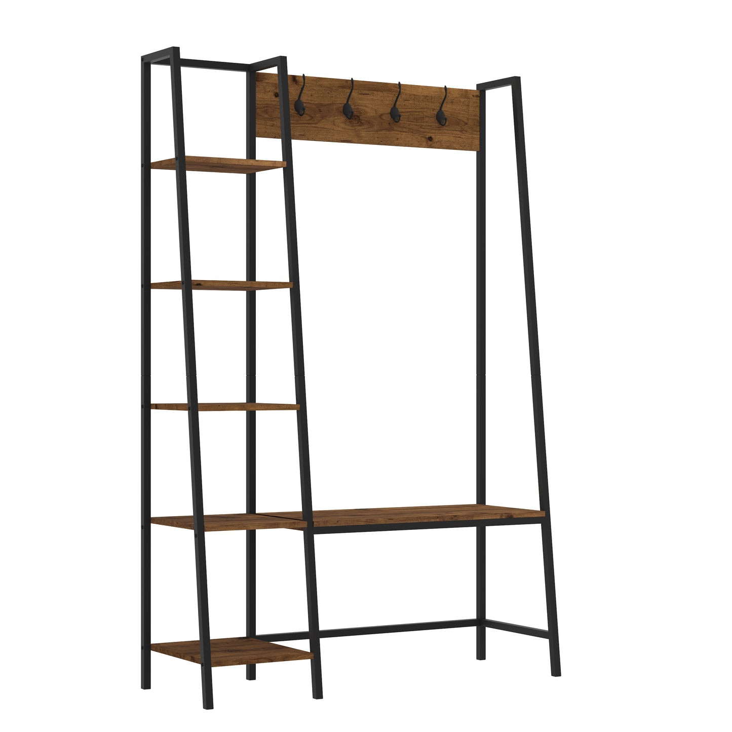 Wooden shelf with ladder design and coat hooks for hallway storage