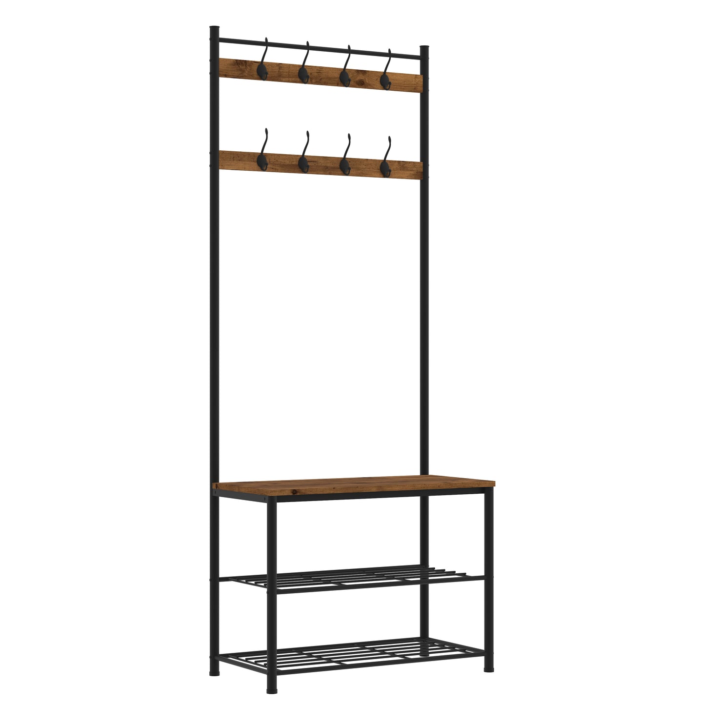 Wooden shelf with metal frame and coat hooks for hall storage