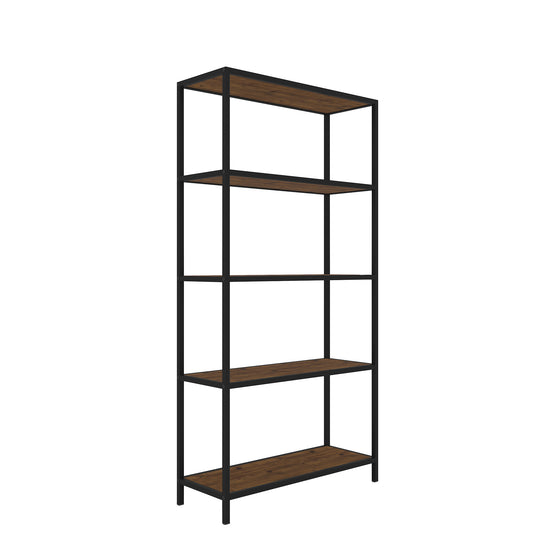 Bookshelf with wooden shelves and black metal frame 