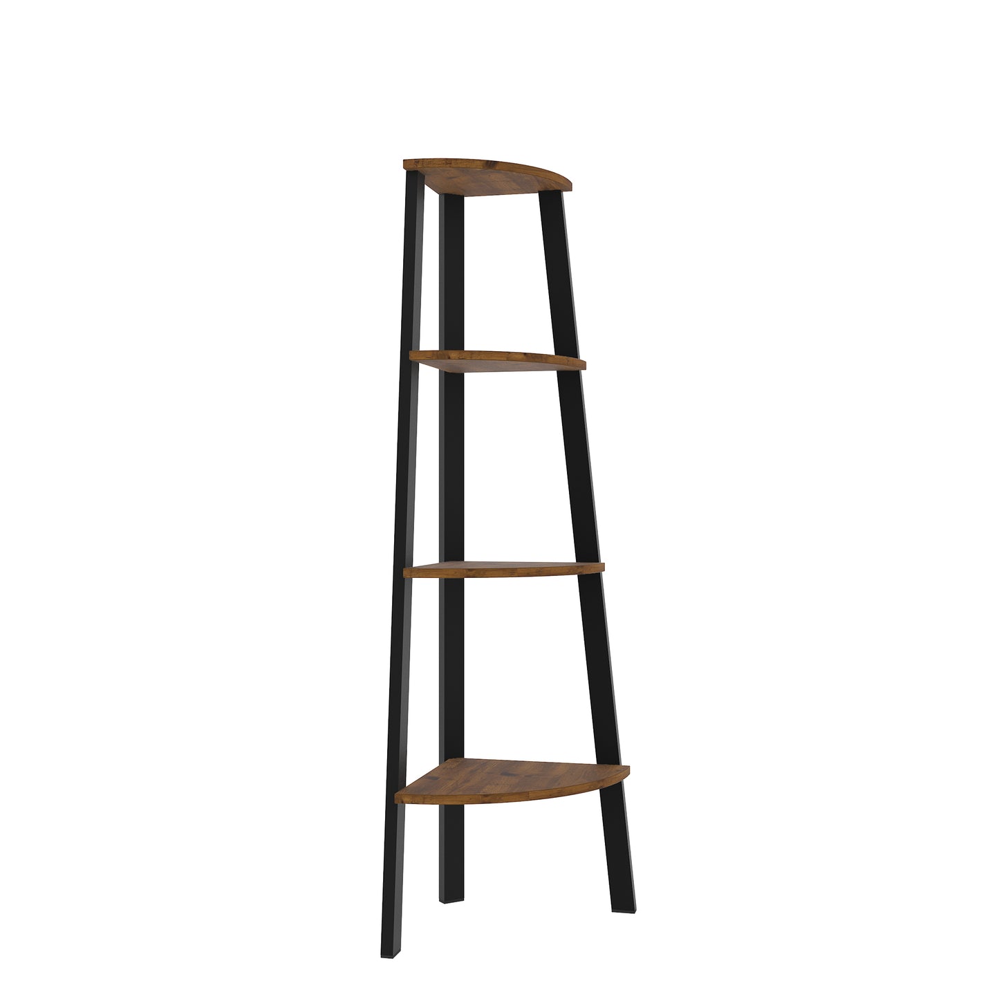 Corner shelf with black frame and wooden shelves 