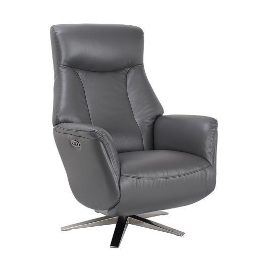 Grey leather chair with swivel chrome base