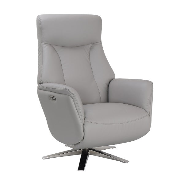 Light grey leather chair with a swivel chrome base