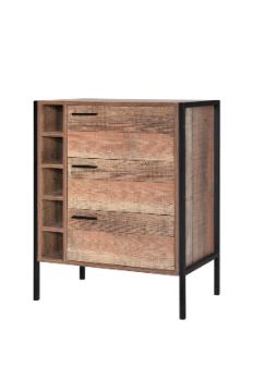 Wooden cabinet with open bottle spaces and metal frame 
