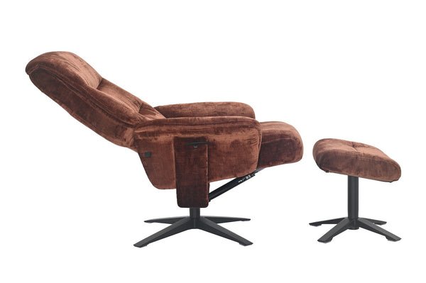 Brown recliner chair with matching footstool fully open view 