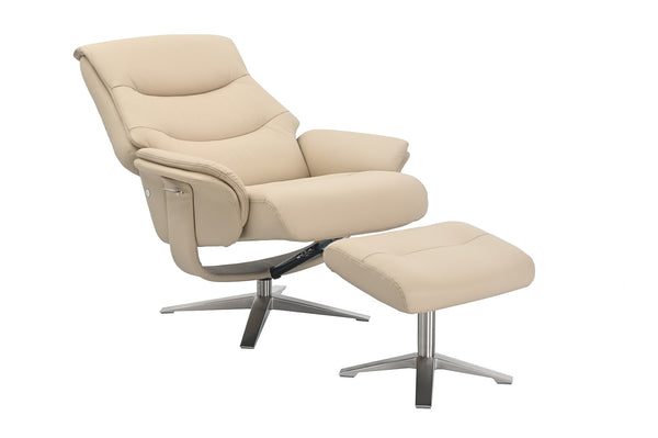 Beige recliner chair with matching footstool open view 