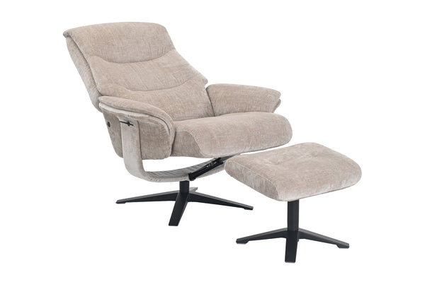 Beige recliner chair with matching footstool open view 