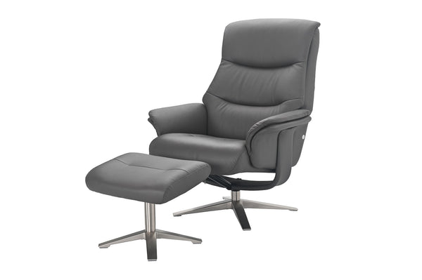 Grey leather recliner chair with matching footstool 