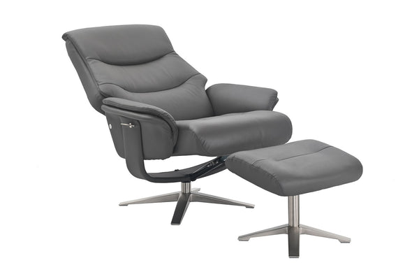 Grey recliner chair with matching footstool open view 