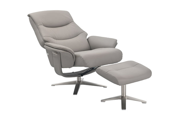Grey recliner chair with ottoman and matching footstool open view 