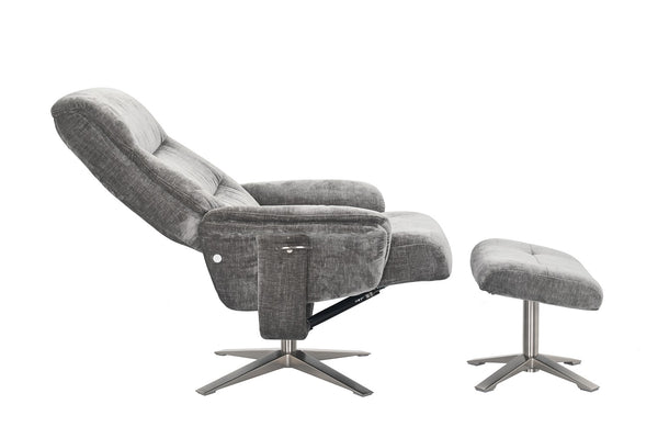 Grey recliner chair with matching footstool open view 