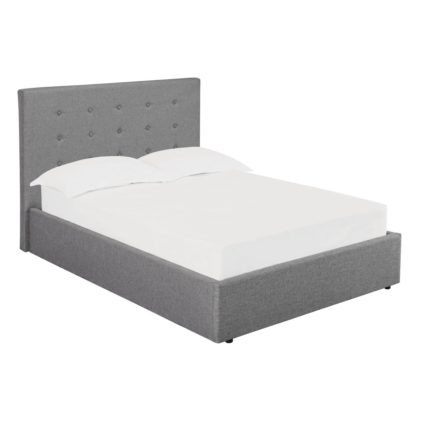 Grey upholstered bed with white bedding