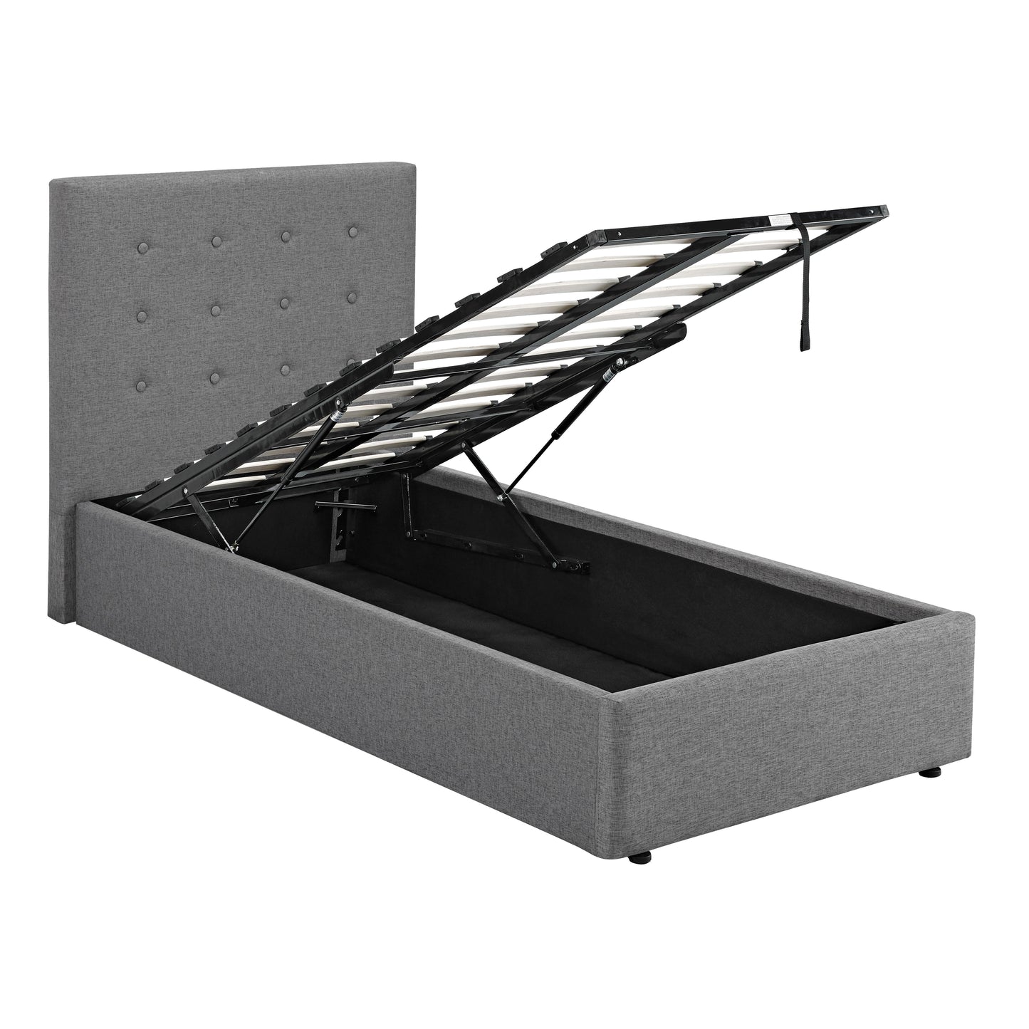 Grey upholstered ottoman bed with storage compartment 
