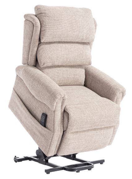Beige lift chair with reclining mechanism fully lifted view
