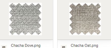 Two fabric swatches labeled 'Chacha Dove' and 'Chacha Oat' 