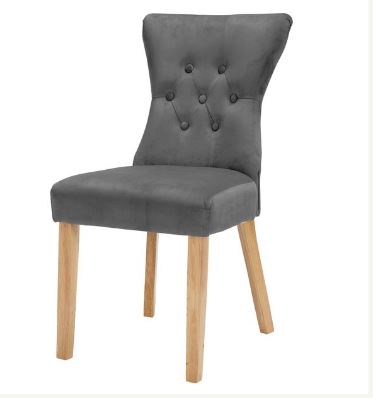 Grey upholstered dining chair with wooden legs & a buttoned back