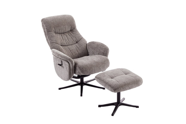 Grey recliner chair with matching footstool open position