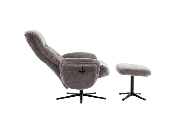 Grey armchair with matching footstool fully open position