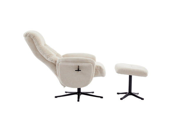 Beige recliner chair with matching footstool open position