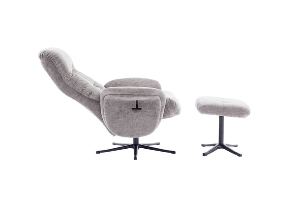 Grey recliner chair with matching footstool open position