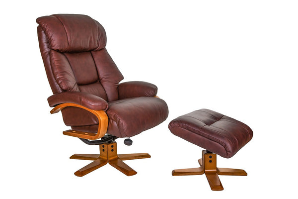Brown Leather swivel recliner chair & matching stool both on crucifix bases
