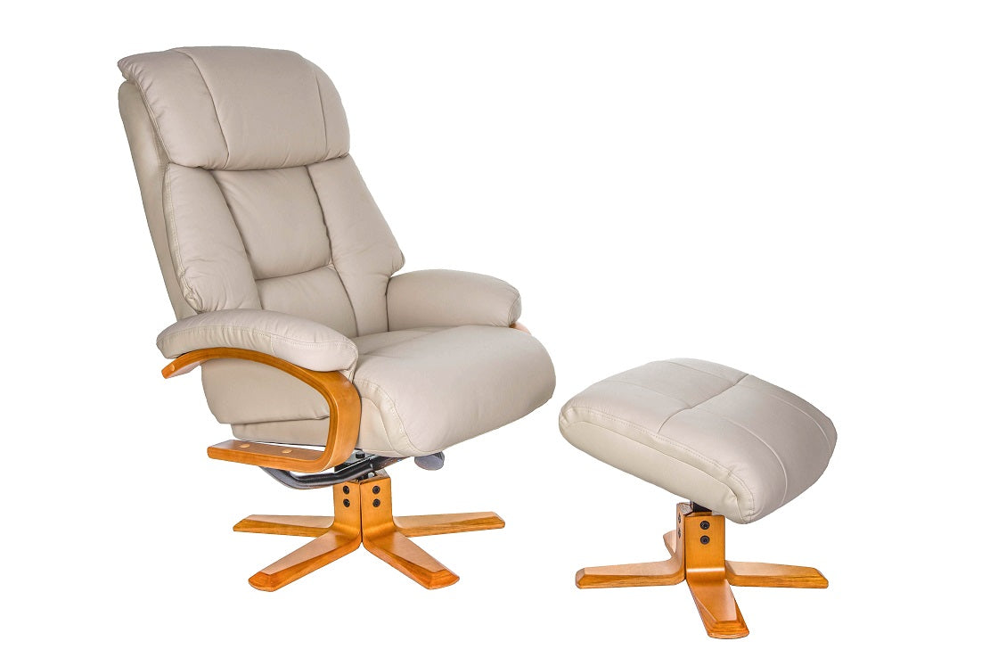 Ivory leather swivel recliner chair & matching footstool with wooden crucifix frame on both