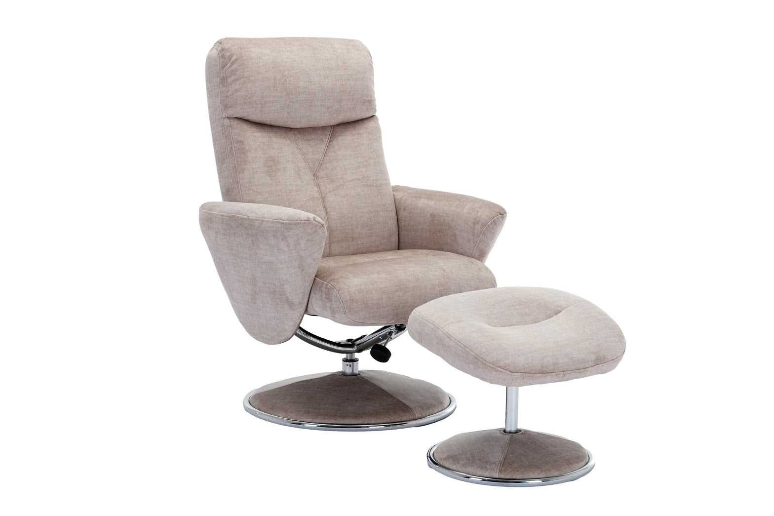 Beige plush swivel recliner chair & matching stool both on circular bases