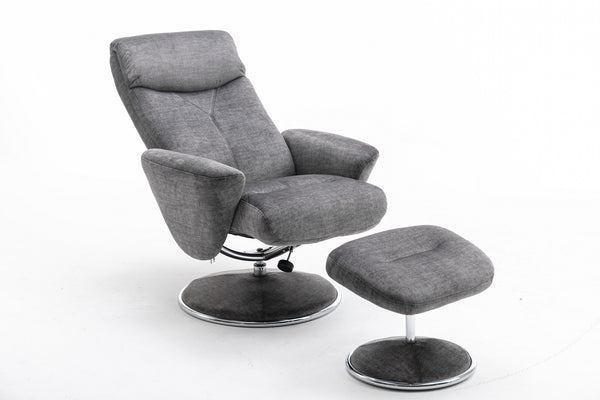 Grey plush recliner chair & matching footstool both on circular bases