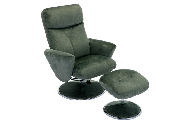 Green recliner chair & matching footstool both on circular bases