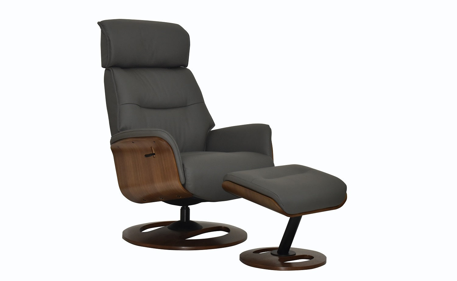 Swivel recliner chair with matching footstool in charcoal full leather covering with wooden arms