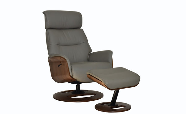 Swivel Recliner chair & matching footstool in grey full leather covering with wooden arms