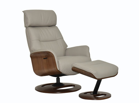 Beige recliner chair with wooden armrests and footrest full leather covering