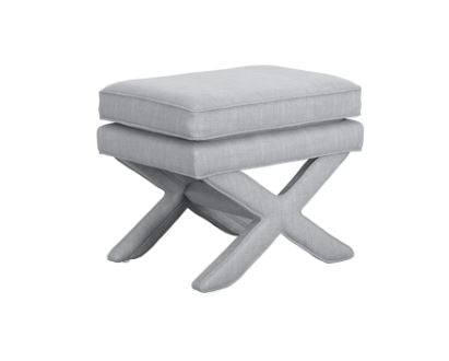 Light grey upholstered stool with a cushioned seat 