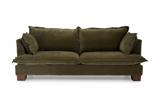 Olive Green sofa with cushions on a white background