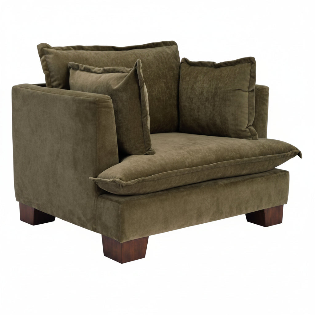 Olive Green upholstered chair with cushions on a white background