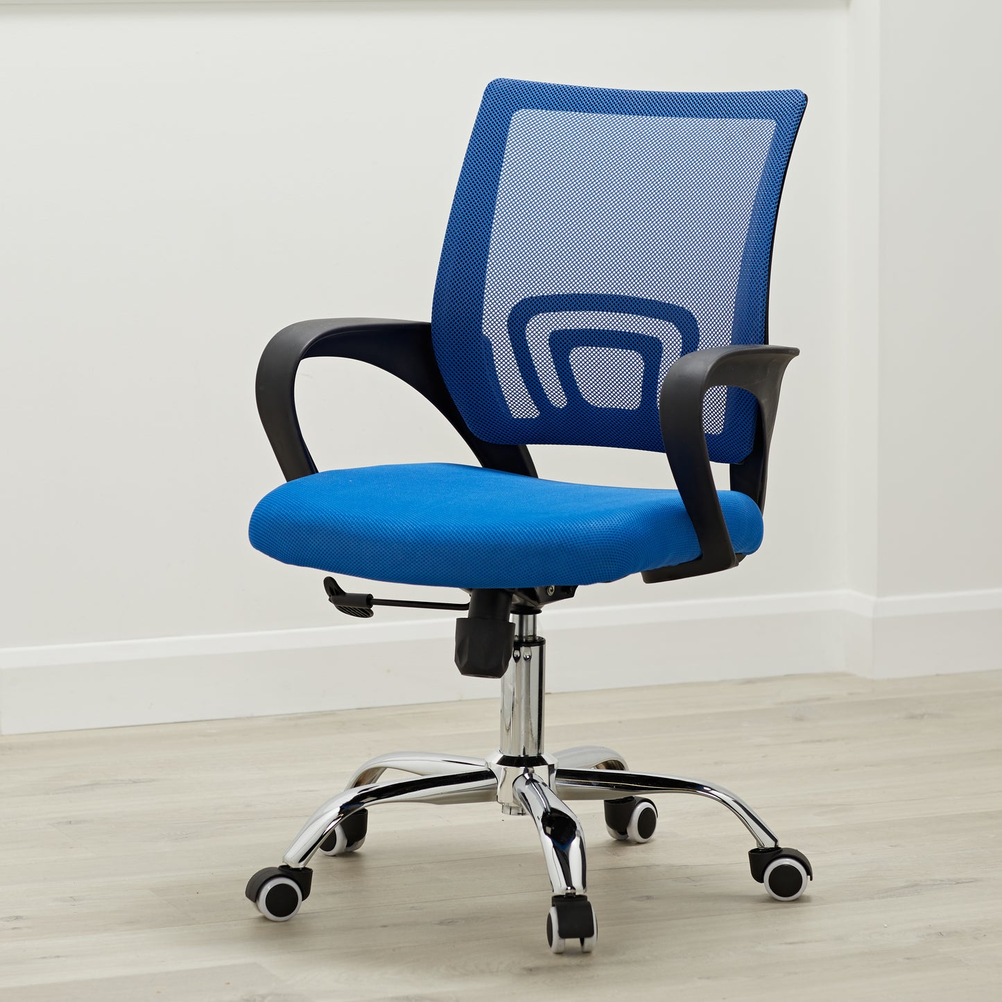 Blue office chair with mesh backrest on a light wooden floor.