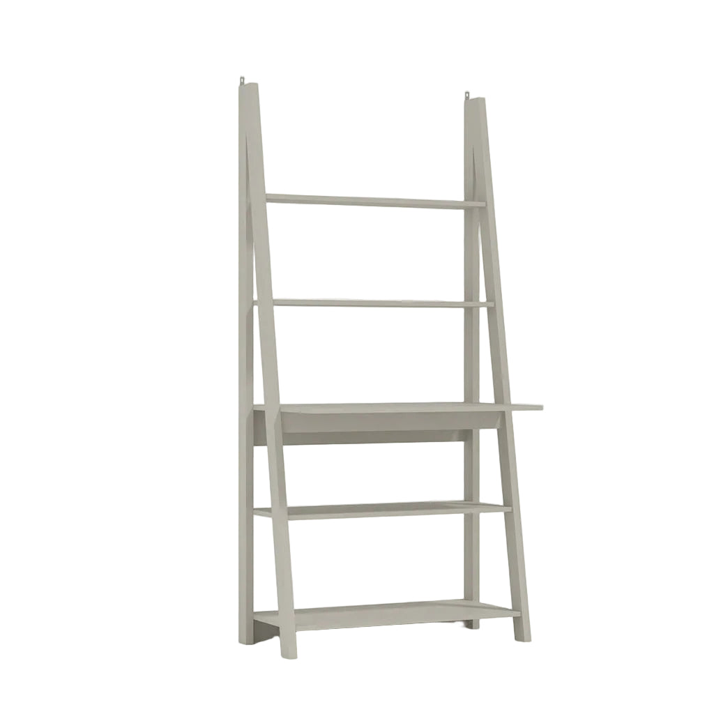 Grey leaning bookshelf desk unit