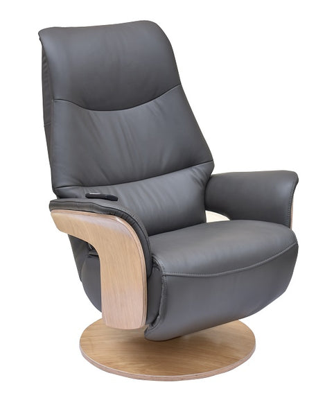 Swivel recliner in full charcoal leather with contrasting light oak wooden outer arms and base