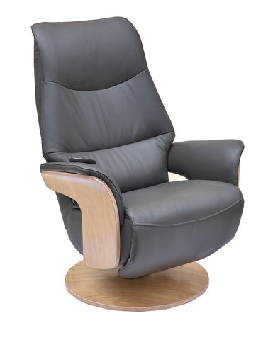 Swivel recliner in full charcoal leather with contrasting light oak wooden outer arms and base