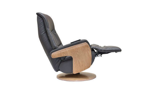 Swivel recliner chair in full charcoal leather with contrasting light oak wooden outer arms and base