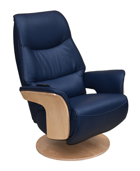 Swivel reclining chair in navy blue full leather with light oak wooden contrasting outer arms and base